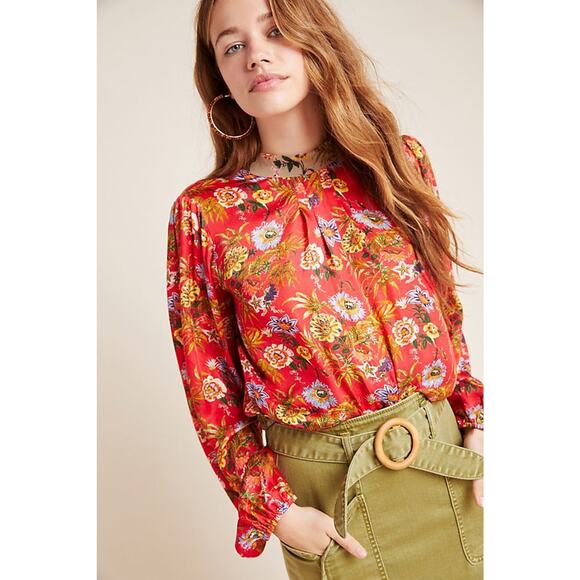 New Anthropologie Toscana Peasant Floral Blouse by Nikasha $160 X-SMALL Red - Picture 1 of 6